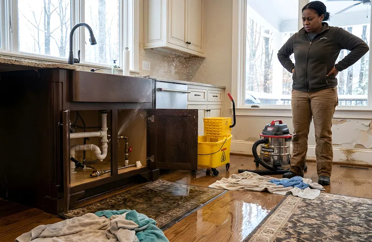 Homeowner assessing indoor water damage caused by a burst or frozen pipe with an insurance adjuster