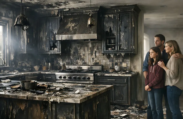 Fire-damaged home as homeowners meet with a public adjuster to document an insurance claim