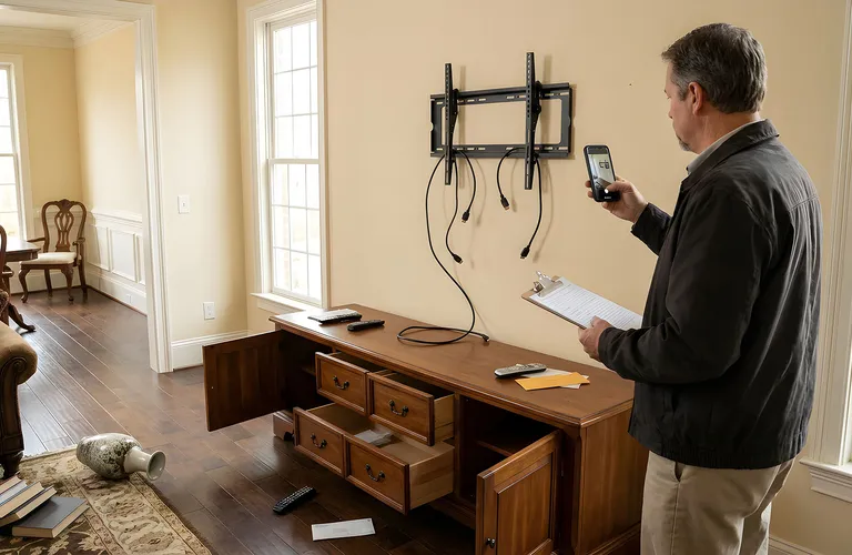 Home burglary damage with a homeowner documenting stolen items for an insurance claim