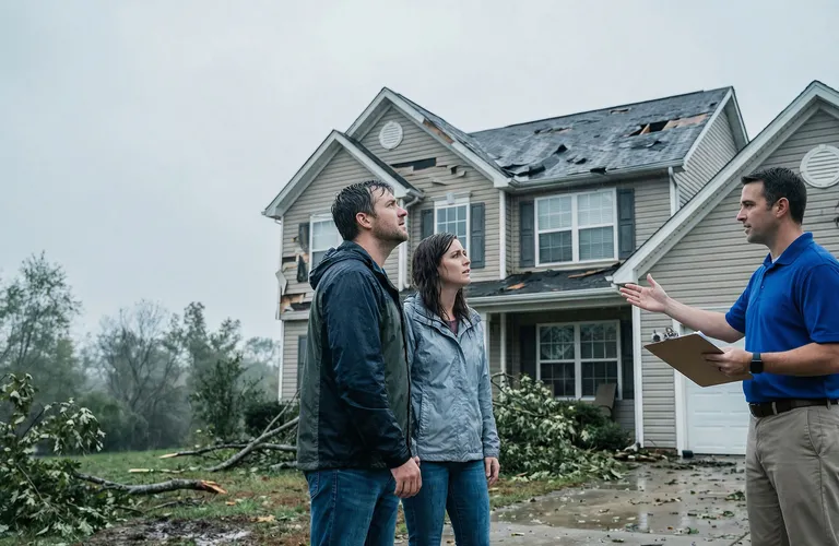 Tornado wind damage to a home as homeowners meet with a public adjuster to document an insurance claim